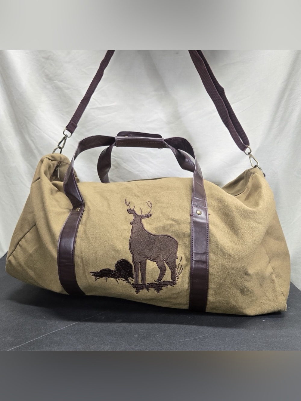 Canvas Duffel Bag with Deer Embroidery - Tan & Brown